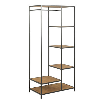B&Q -  Seaford Black Metal Clothes Rack With 5 Oak Shelves