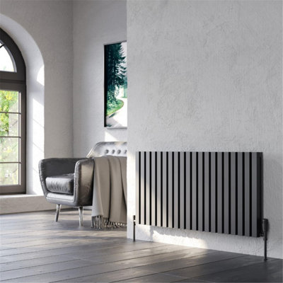 575mm (H) x 404mm (W) - Black Double Panel Horizontal Aluminium Radiator (Ryhall) - (0.57m x 0.40m) - Depth 74.5mm