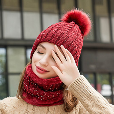 2Pcs Winter Knitted Hat & Scarf Set-Red from B&Q