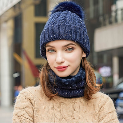 2Pcs Winter Knitted Hat & Scarf Set-Navy from B&Q