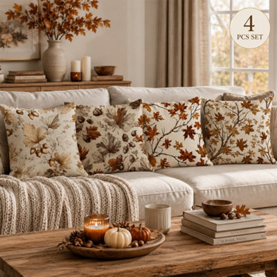  - Set Of 4 Autumn Cushion Covers 45 X 45 Cm,maple Leaf Decorative Pillow Cases,soft Polyester Sofa Covers