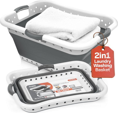 58L Large 3 Handle Collapsible Laundry Basket Grey & White Durable Plastic Foldable/Pop-Up Laundry basket