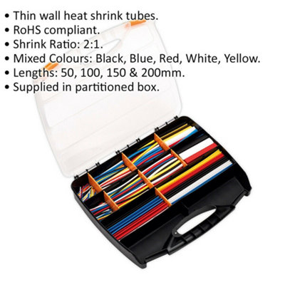 590 Piece Thin Wall Heat Shrink Tubing Assortment - 50 100 150 & 200mm Lengths