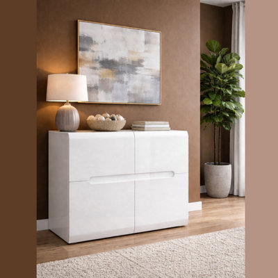 B&Q -  White Gloss Sideboard Dresser Buffet 4 Door Cabinet Unit Modern Square Compact Storage Azteca