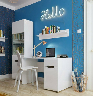 B&Q -  Office Furniture Set Home Study Desk Tall Cabinet Wall Shelf White Gloss Azteca