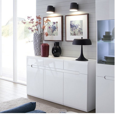 B&Q -  Sideboard Cabinet Dresser Storage Unit With Doors Drawers White High Gloss Azteca