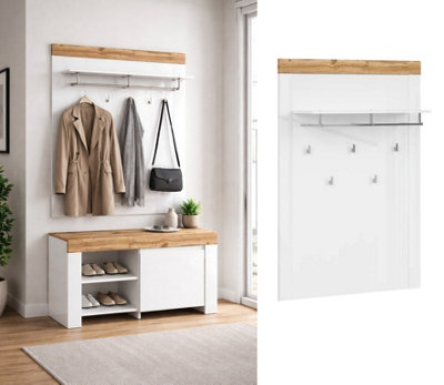 B&Q -  Coat Hooks Wall Panel Hallway Shelf Storage Rail White Gloss Oak Effect Scandi Holten