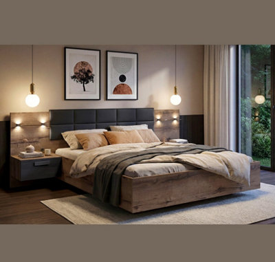 Impact Furniture Luxury King Size Bed Frame Padded Headboard Led Light Usb Usbc Chargers Bedside Cabinets Oak Black Euro Bed Kassel