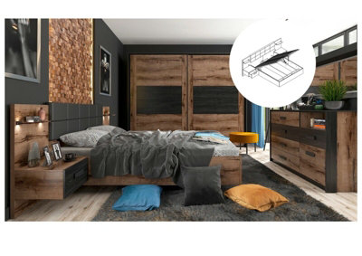 Impact Furniture King Size Bedroom Furniture Set Luxury Storage Bed Sliding Wardrobe Bedside Units Oak Black Usb Charger Led Light Kassel