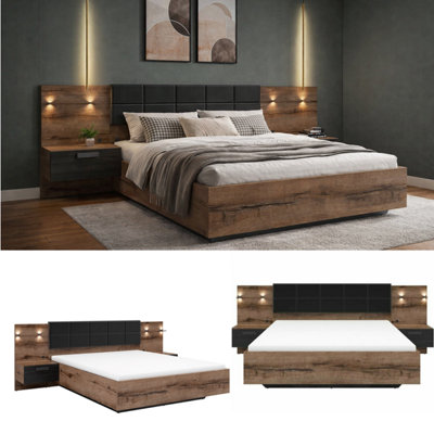 Impact Furniture Luxury Super King Bed Frame With Padded Headboard Led Lights Usb Chargers Bedside Cabinets Oak Black Kassel