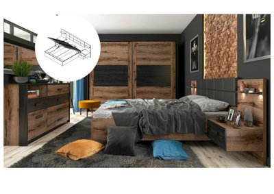Impact Furniture Super King Size Bedroom Furniture Set Luxury Storage Bed Sliding Wardrobe Bedside Units Oak Black Usb Charger Led Light Kassel