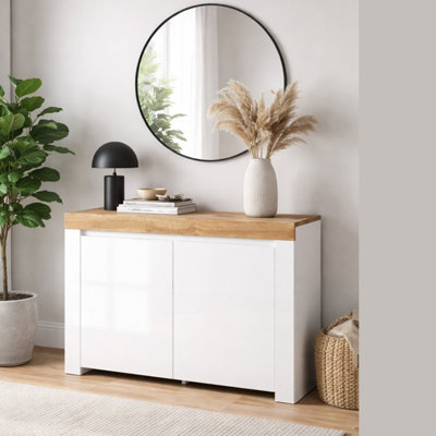 B&Q -  Small Sideboard White Gloss Cabinet Compact Cupboard Modern Scandi Oak Effect Soft Close Storage Unit Holten