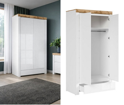 B&Q -  Double Wardrobe With Drawer 2 Door Storage Cabinet Hanging Rail Storage White Gloss Oak Scandi Holten