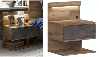 Impact Furniture Bedside Cabinet Elegant Led Light Usb Charger Light Oak Concrete Grey Left Arica