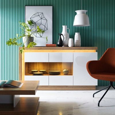 Furniture To Go Lyon 3 Door Glazed Sideboard In Riviera Oak/ High Gloss White