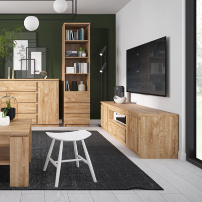 Furniture To Go Fribo Tall Narrow 1 Door 3 Drawer Glazed Display Cabinet In Oak White/Golden