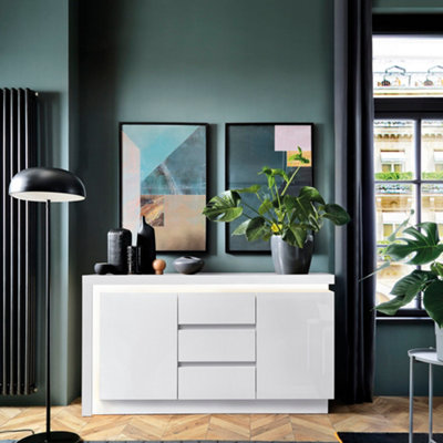 Furniture To Go Lyon 2 Door 3 Drawer Sideboard (Including Led Lighting) In And High Gloss White