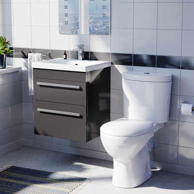 B&Q -  500mm Anthracite Wall Hung 2 Drawers Vanity Unit & Close Coupled Toilet
