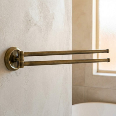 Double Swivel Towel Rail Holder Bar Antique Brass Wall Mounted - Image 2