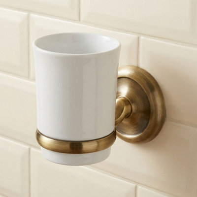 B&Q - Ecru  Retro Bathroom Antique Brass Wall Mounted Ceramics Toothmug Toothbrush Cup Grip
