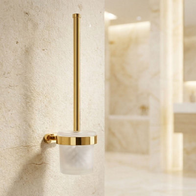 Bisk Toilet Brush + Cup Tempered Glass Gold Colour Finished Zamak Wall Mounted from B&Q