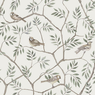 Galerie Morgongava Beige Branch Bird Leaf Motif Wallpaper Roll from B&Q