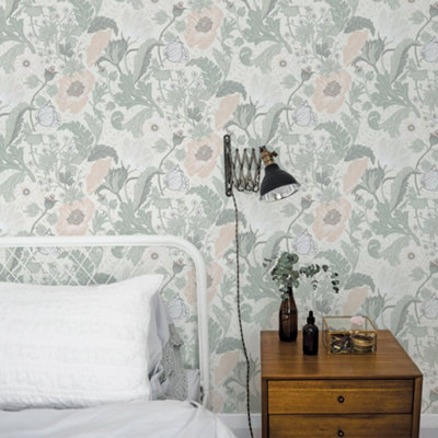 Galerie Apelviken 2 White Lightgreen Anemone Smooth Wallpaper from B&Q