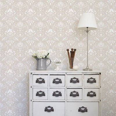 Galerie Ekback Collection Beige Niki Floral Damask Birds Wallpaper Roll from B&Q