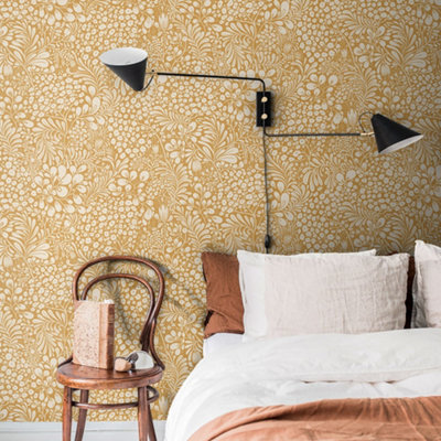 Galerie Sommarang Ochre Abstract Foilage Wallpaper Roll from B&Q