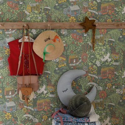 Galerie Sommarang 2 Dark Green Bygga Bo Scandinavian Village Wallpaper Roll from B&Q