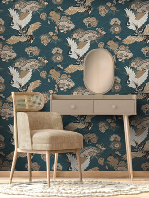 Rasch Akari Kyoto Crane Teal Wallpaper from B&Q
