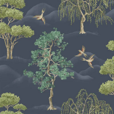 Rasch Maya Willow Woodland Navy Green Bird Print Wallpaper 283869 from B&Q
