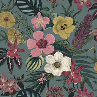 B&Q -  Priya Floral Petrol Blue Wallpaper