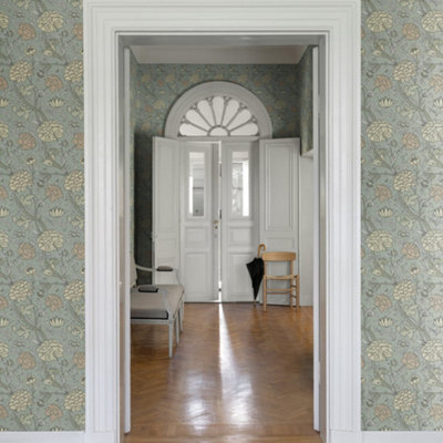 Galerie Hidden Treasures Turquoise Cray Floral Trail Wallpaper Roll from B&Q