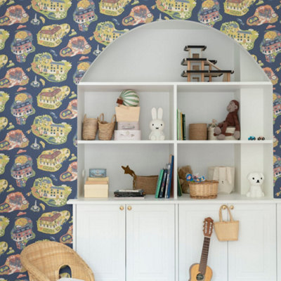Galerie Resan Dark Blue Staden Town Wallpaper from B&Q