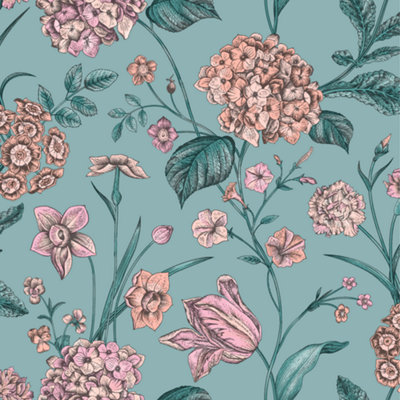 B&Q -  Hydrangea Garden Flowers Teal Green Floral Wallpaper 260155