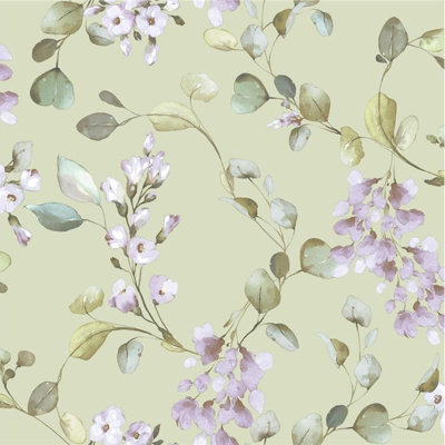 Rasch Elegant Homes Rosalie Floral Flowers Leaf Trail Sage Green Lilac Wallpaper from B&Q