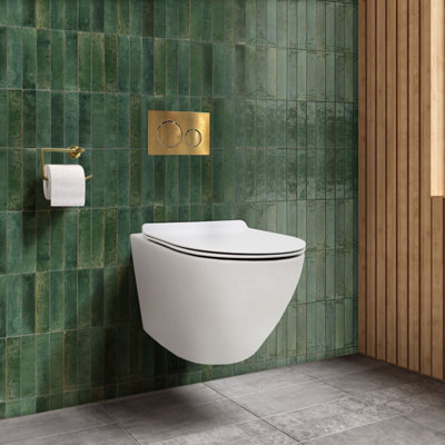 B&Q -  White Round Wall Hung Rimless Toilet With Soft Close Seat And 1.12M Cistern Frame