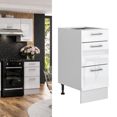 B&Q -  Kitchen Drawer Unit White Gloss Base Cabinet 400mm Slim Narrow Storage Cupboard Modern Flat Pack Soft Close 3 Drawers Ella