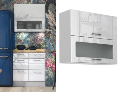 B&Q -  Kitchen Display Cabinet Glass Wall Unit 800mm White Gloss Modern Storage Cupboard Lift Up Slab Door Ella