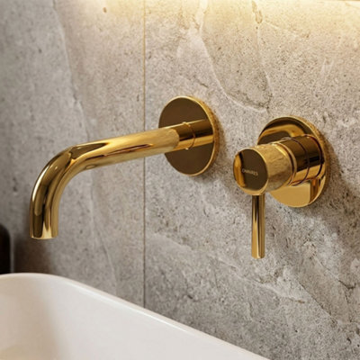 B&Q -  Gold Coloured Brass Bathroom Basin Concealed Mixer Tap Single Spout Lever