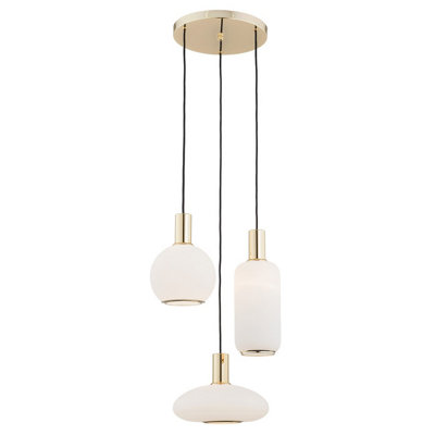 B&Q -  Luminosa Sagunto Cluster Pendant Ceiling 3 Light Opal MattBrass Steel