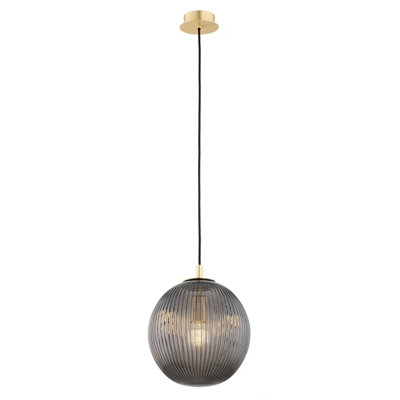 B&Q -  Luminosa Paloma 25Cm Globe Pendant Ceiling Light Smoky (Fluted)Brushed Brass