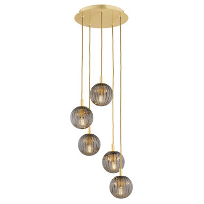 Luminosa Lighting Luminosa Paloma Cluster Pendant Ceiling 5 Light Smoky (Fluted)Brushed Brass from B&Q