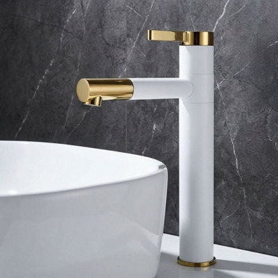 Rea Tall Basin Tap White/gold Colour Finished Brass Bathroom Standing Faucet Mixer