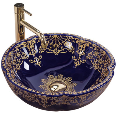 Rea Blue/Gold Countertop Washbasin Marina Ceramic