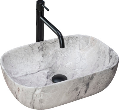 Rea Washbasin Countertop Ceramic Hand Wash Basin Attachment Washbasin Rectangular Stone Marble 33 x 46 cm Grey - Image 3