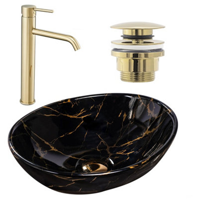 Set Rea Washbasin Sofia Black Marble + Lungo Gold Tall Tap + Gold Click-Clack Plug from B&Q