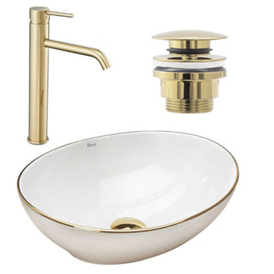 Set Rea Washbasin Sofia Gold Edge + Lungo Gold Tall Tap + Gold Click-Clack Plug from B&Q