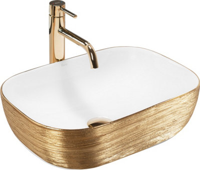 Countertop Washbasin Rea Belinda Rectangle Brush Gold WhiteCeramic from B&Q